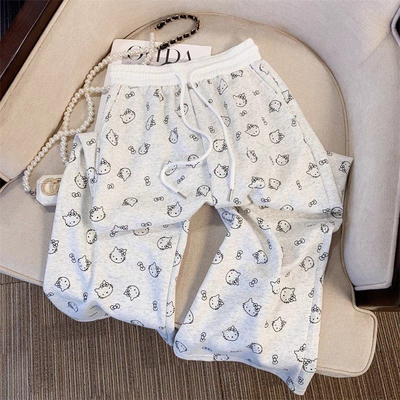 小个子170cm复古猫咪印花直筒卫裤女童高腰宽松休闲垂感阔腿裤子