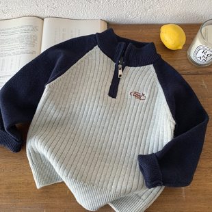 男女童春季拉链毛衣2026早春儿童半拉链外穿打底衫宝宝立领毛线衣