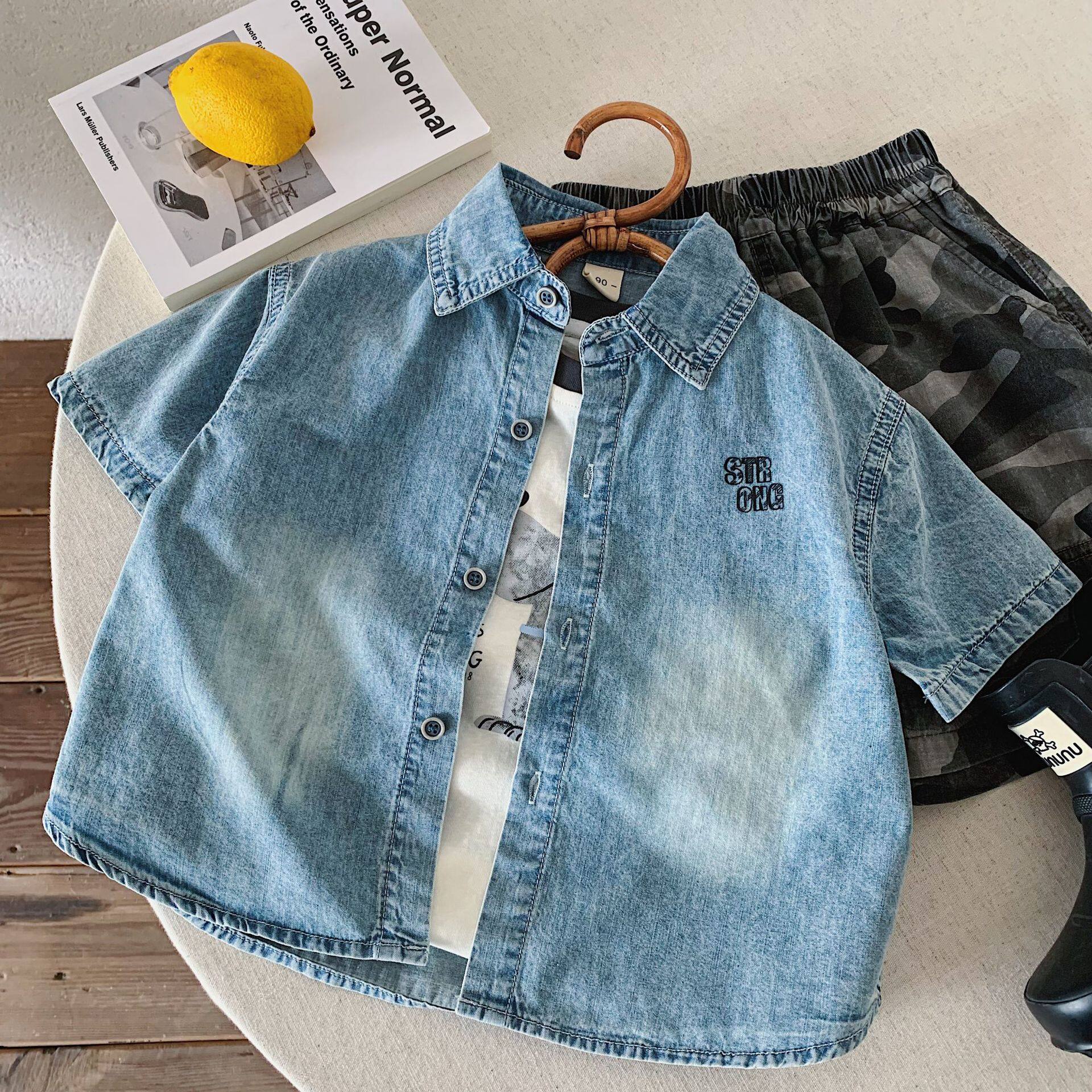 男童短袖衬衫2026夏季新款儿童帅气印花牛仔衬衣男孩薄款夏装