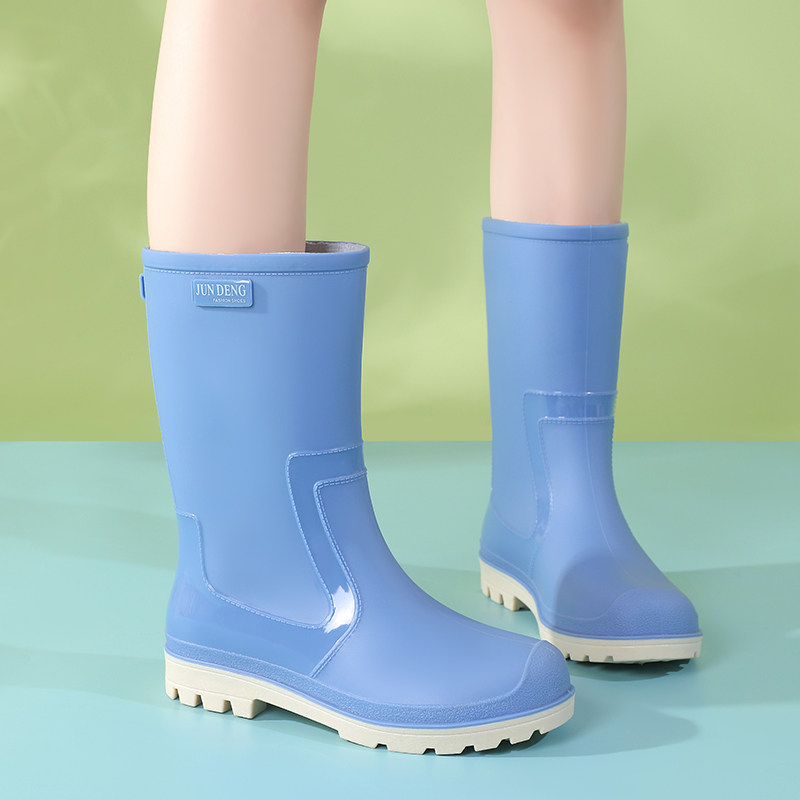 时尚雨鞋女中筒防水蓝色胶鞋厨房工作水鞋户外钓鱼山林田间雨靴女