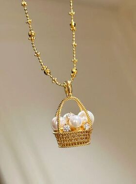 Vintage 中古“财”篮子吊坠珍珠项链2025新款高级立体编织锁骨链