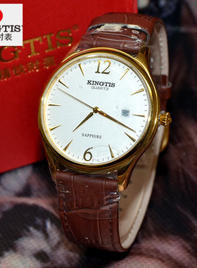 KINGTIS上海精铁时K9046情侣石英表男式女式蓝宝石真皮表带休闲表