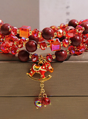 2026马年本命年红色水晶手链多层合香珠手串马上有钱招财转运手饰