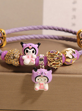 新中式紫色皮绳手链女轻奢小众高级感气质百搭卡通手串手环送闺蜜