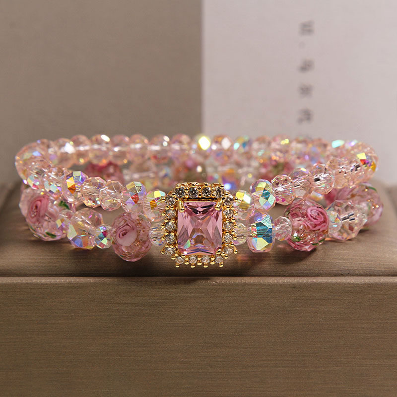 新中式玫瑰花园粉色水晶双圈手链女轻奢小众粉色方形锆石转运手串