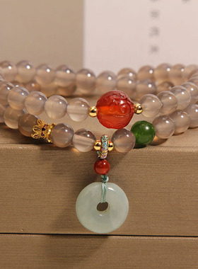 灰玛瑙双圈串珠手链女平安扣手串