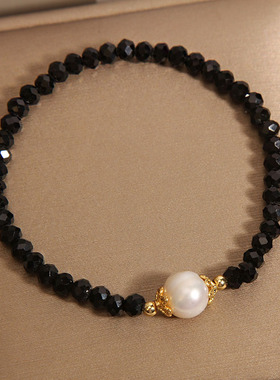 黑色水晶珍珠手链女小众轻奢手串