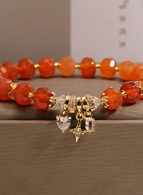 天然刻面红波斯湾水晶手链女轻奢小众微镶锆石爱心吊坠高级感手串