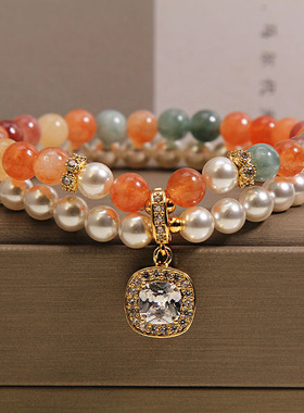 天然福禄寿双层手链珍珠复古设计感转运多宝手串百搭叠戴气质手饰