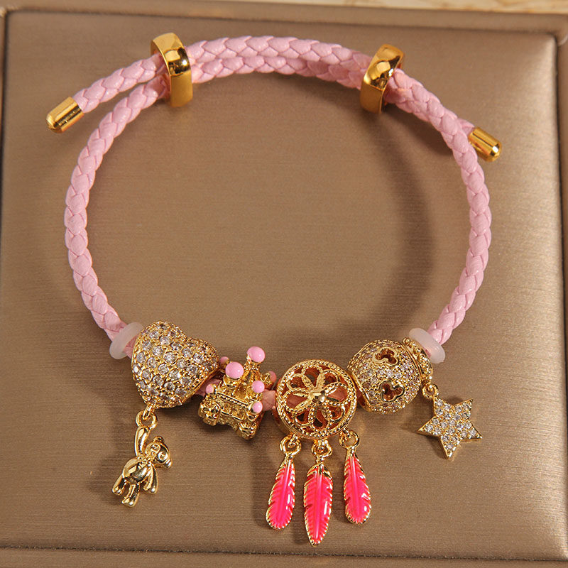 粉色皮绳捕梦网小熊吊坠手镯女