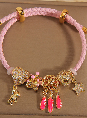 粉色皮绳捕梦网小熊吊坠手镯女