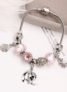 diy韩国东大门粉色珠子小象手链