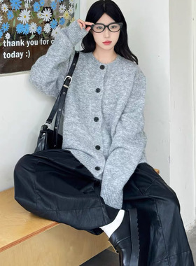 美式慵懒风灰色针织开衫男女同款潮牌毛绒绒高级感休闲风情侣毛衣