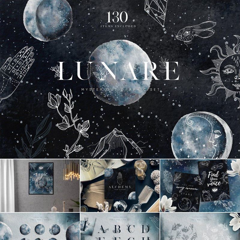 手绘水彩月食星空线描花卉英文字母png免抠图 psd分层素材含字体