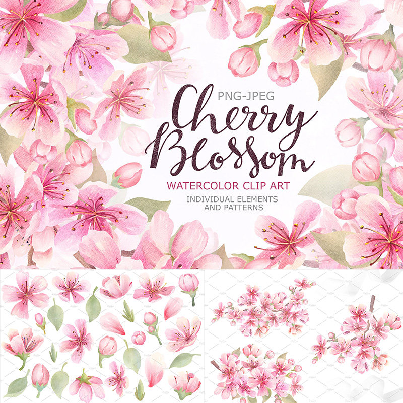 森系手绘水彩樱花 浪漫粉红色花朵花环枝叶png免抠素材四方连续图