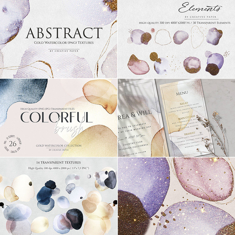 唯美紫色金色手绘水彩纹理图案背景请柬海报png免抠psd设计素材