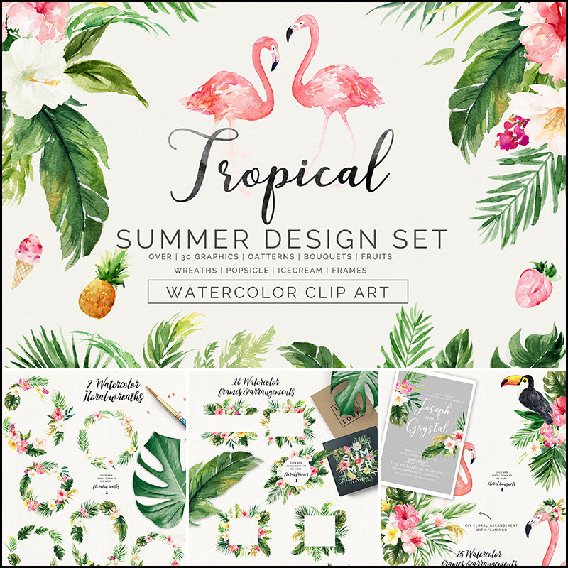 森系水彩热带植物火烈鸟花环婚礼psd卡片装饰图案png免抠设计素材