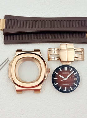 41MM鹦鹉螺玫瑰金表壳橡胶带字面针全套蓝宝石玻璃适NH35机芯配件