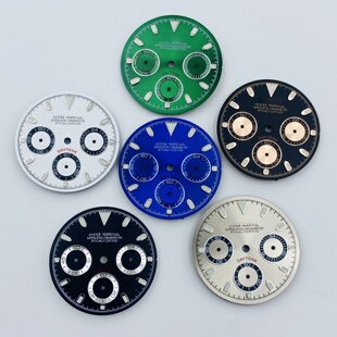 新款29.5MM三眼迪熊猫表盘绿夜光字面适装VK63石英机芯计时表盘