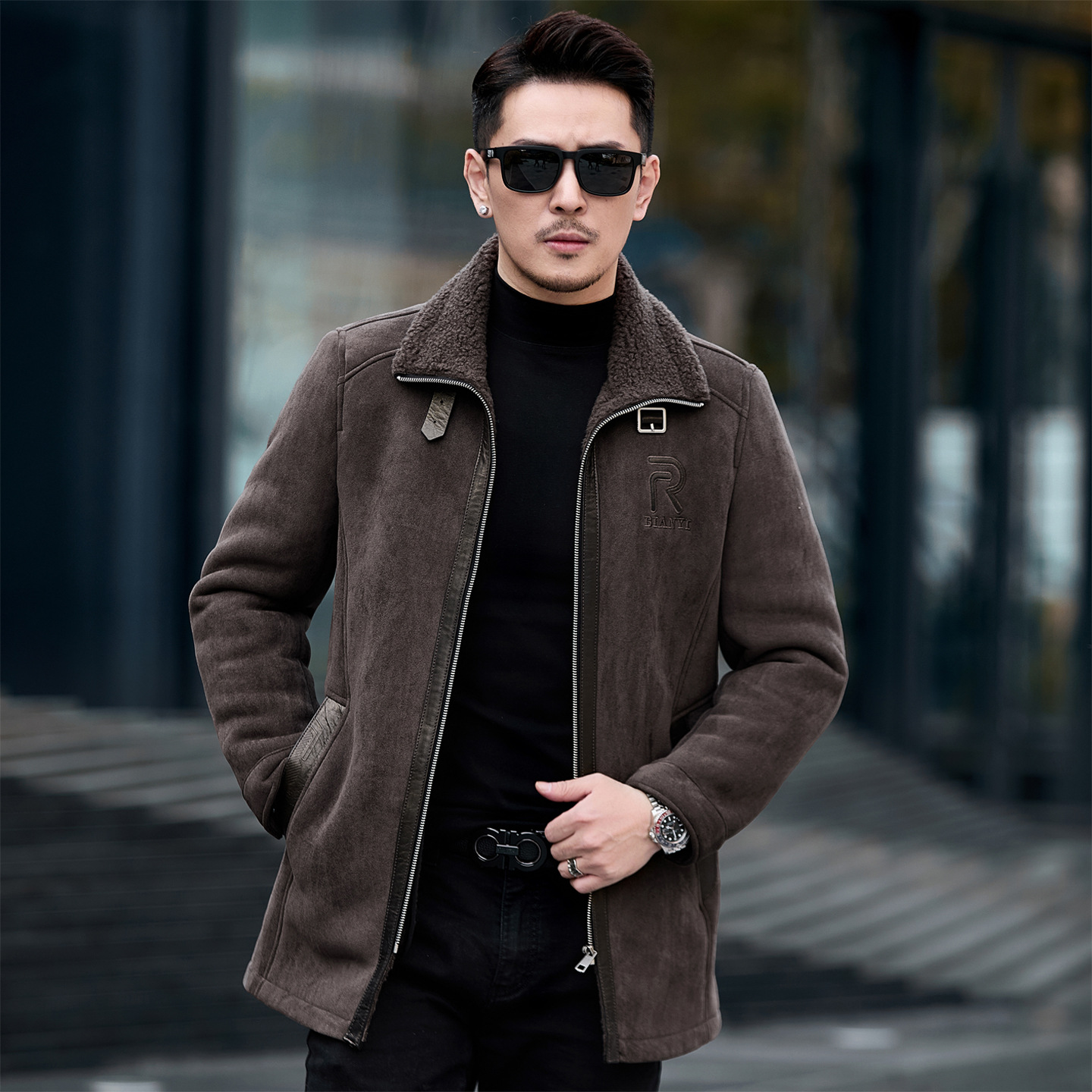 海宁高端男绵羊皮羊羔毛一体2025冬季新款皮衣夹克羊剪绒保暖外套