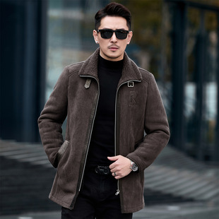海宁高端男绵羊皮羊羔毛一体2025冬季新款皮衣夹克羊剪绒保暖外套