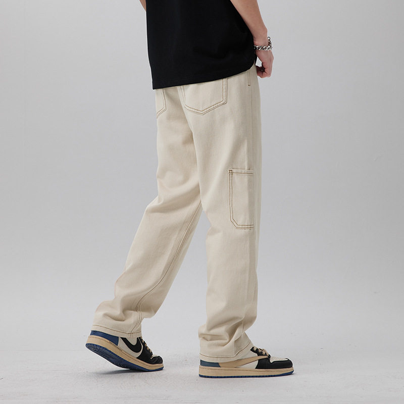 米黄色阔腿牛仔裤男宽松直筒男生拖地裤美式高街粗腿屁股大的裤子