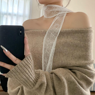 丝巾长条高级感头巾夏女田园发带法式围脖女领巾蕾丝丝巾系腰丝巾