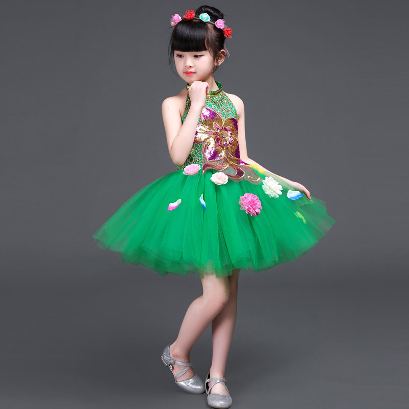 六一儿童舞台表演服女童绿色蓬蓬裙舞蹈服幼儿合唱礼服公主裙黄色