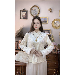 国风丝绒上衣女减龄显瘦长袖 新中式 秋冬加绒款 毛边打底内 792
