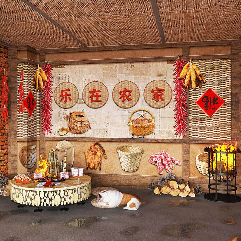 3D复古怀旧7080年代墙纸农家乐饭店餐厅土菜馆壁纸餐馆火锅店壁画