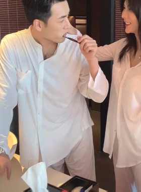 休闲风家居服套装春秋季亲肤透气长袖纯色纯棉情侣款睡衣58569