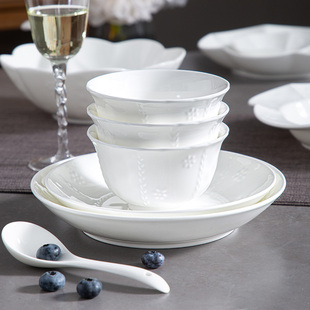 克拉骨钢玉瓷浮雕高温白瓷陶瓷高脚米饭碗汤碗酒店家用食品级餐具