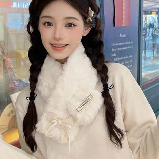 2025新款 蝴蝶结毛绒绒围巾保暖脖套少女心可爱学生甜美 围脖女冬季