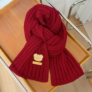 红色围巾女秋冬季 小熊毛线针织围脖百搭生日礼物送女朋友 2025新款