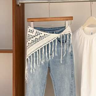 民族风手工钩针编制三角巾女2026新款 复古镂空流苏屁帘叠穿半身裙