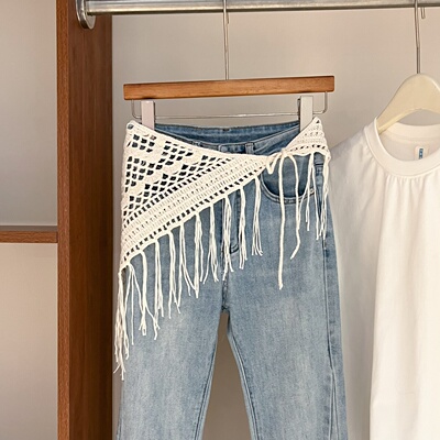 民族风手工钩针编制三角巾女2026新款复古镂空流苏屁帘叠穿半身裙