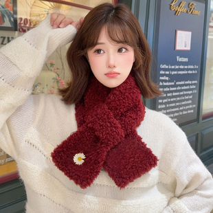 小雏菊围脖女冬韩版 百搭ins保暖厚防风仿羊羔绒毛毛围巾学生酒红