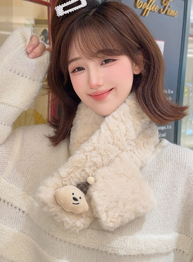 可爱小围脖女秋冬季毛绒绒交叉围巾保暖防风卡通小清新款日系软妹