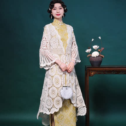 2025春夏出游钩花镂空旗袍外搭披肩薄款长款开衫蕾丝外套女配裙子