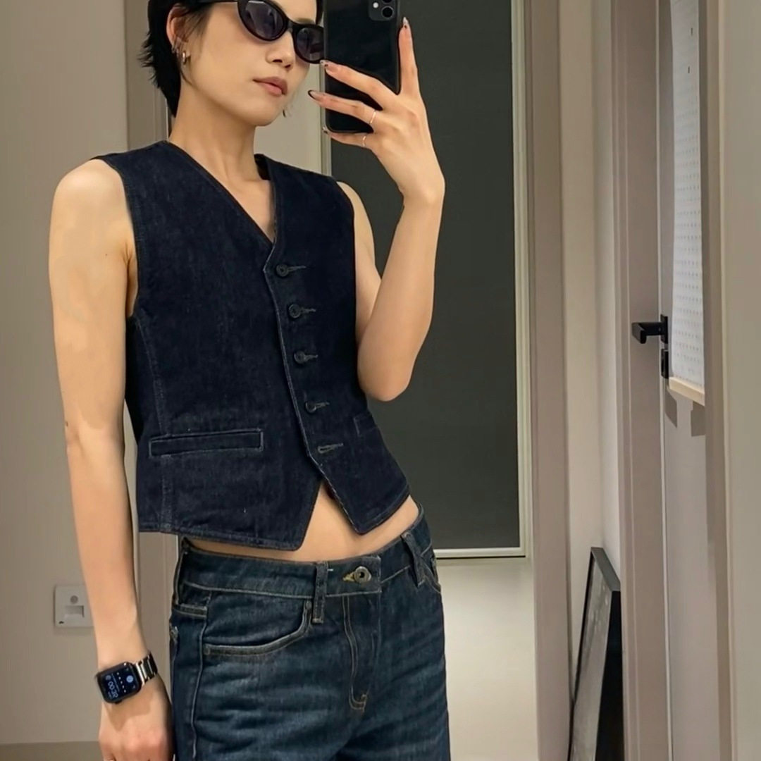 2025新款夏季百搭修身显瘦经典原牛复古v领收腰牛仔马甲背心女