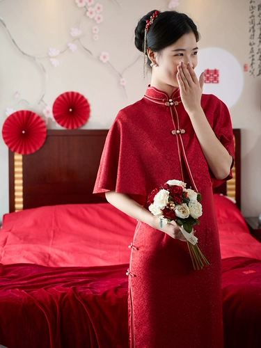 Шелковое ципао, накидка, вечернее платье, красное свадебное платье, коллекция 2022