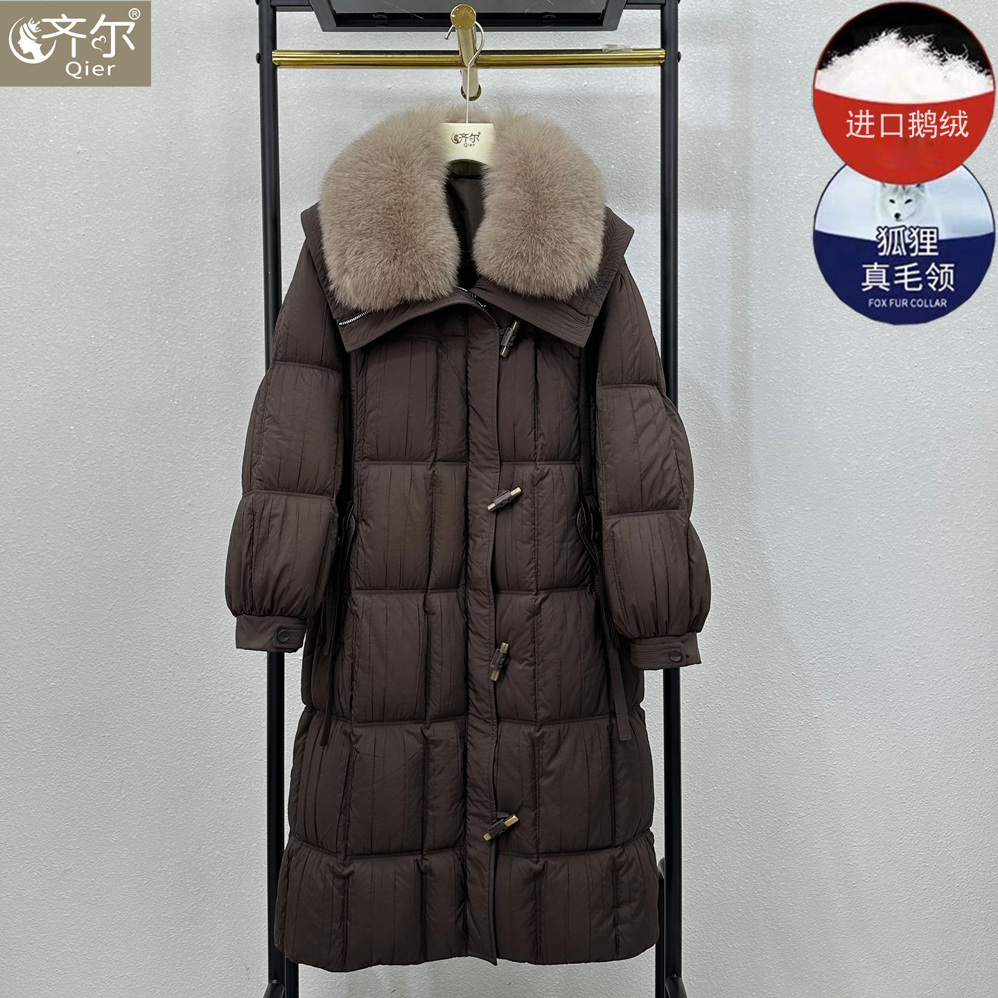 正品海宁皮草冬装新款狐狸毛领韩版宽松白鹅绒羽绒服女中长款外套