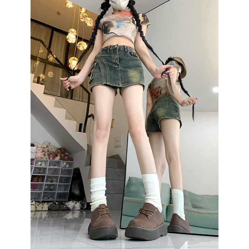 不规则小众牛仔半身裙裤女夏季复古包臀裙子高腰a字短裙防走光裙