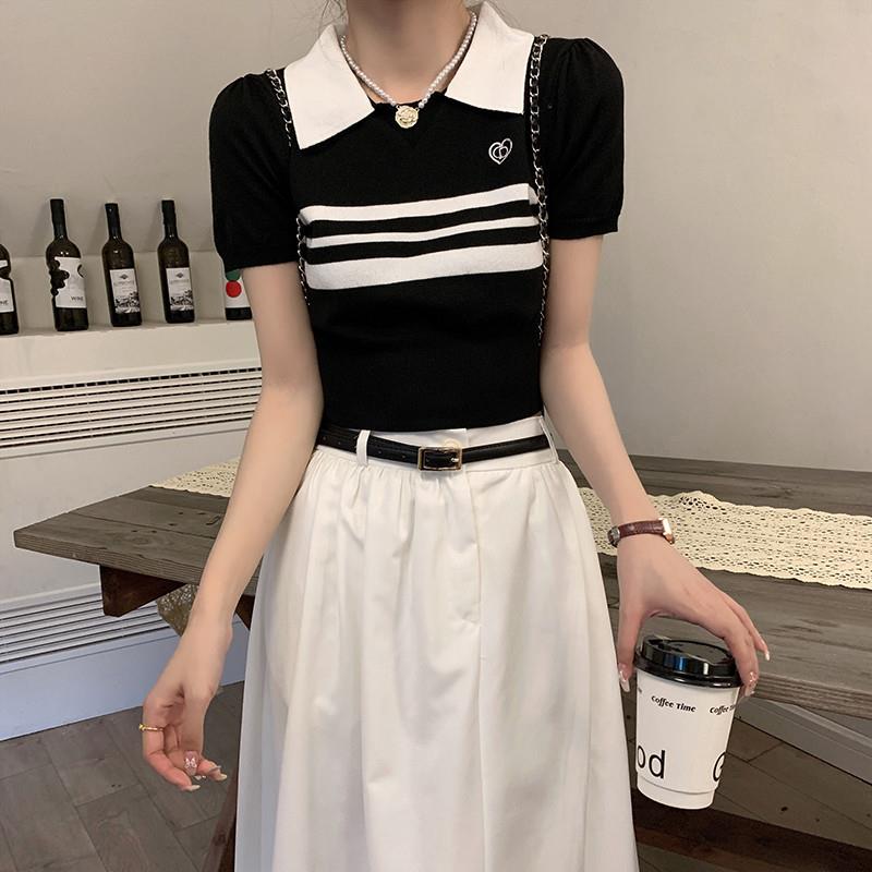 条纹短袖t恤女2025新款学院风polo领针织衫夏季修身别致短款上衣