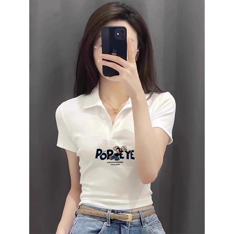 polo衫领正肩短袖t恤女2025新款夏季美式白色修身小个子短款上衣