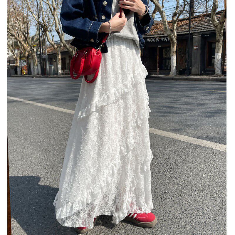 白色蕾丝不规则半身裙女夏季2025新款高腰垂感a字半裙长款蛋糕裙