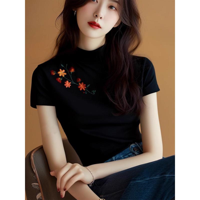 黑色花朵印花冰丝短袖t恤女2025新款爆款小众独特别致半高领上衣
