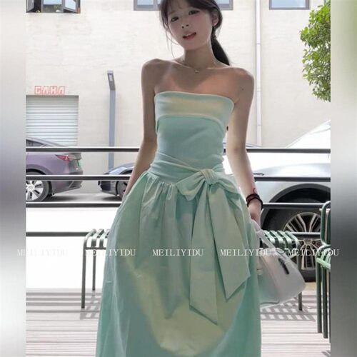 MLYD/定制 大尺码薄荷曼波绿度假风系带抹胸洋装气质收腰显瘦长裙