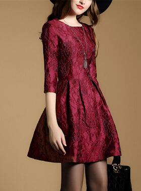 外贸七分袖喜庆收腰显瘦新款礼服A字裙子气质名媛红色遮胯蓬蓬裙