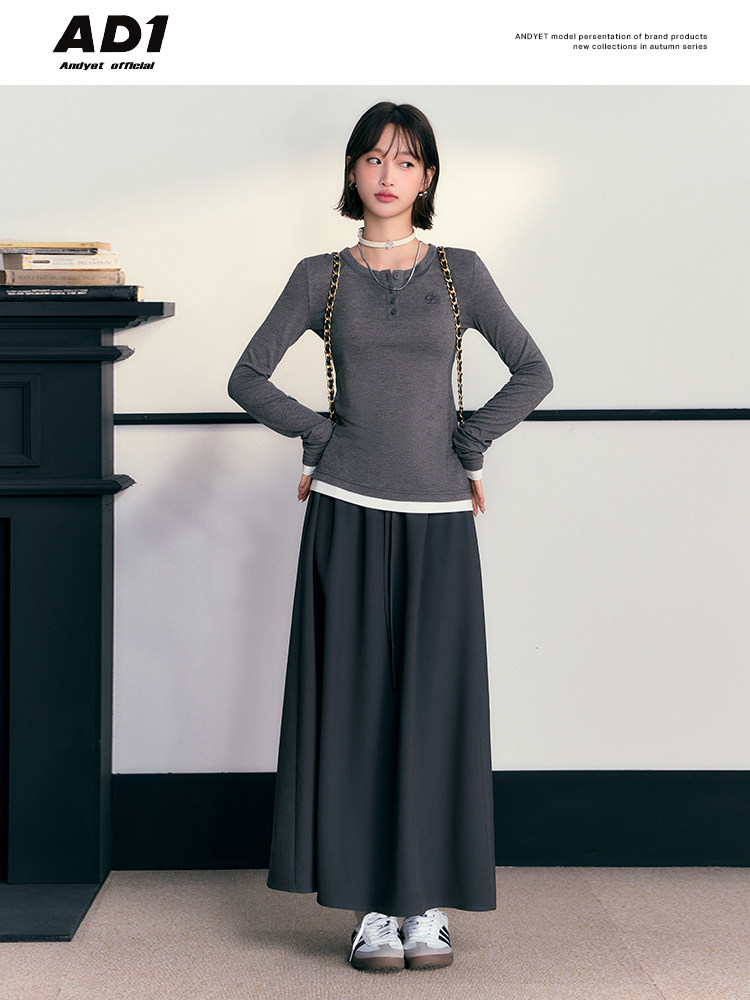 ANDYET AD1 오리지널 그레이 통근 가짜 투피스 긴팔 탑 드로스트링 A 라인 스커트 여성용 심플 정장